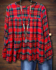 Plaid Ruffled Sleeve Ruched Top