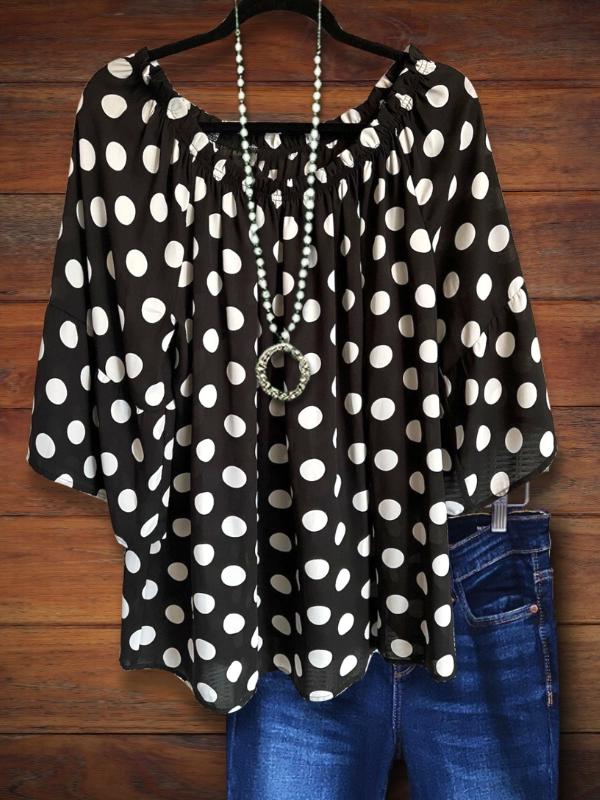 Black And White Polka Dot Print Casual Blouse