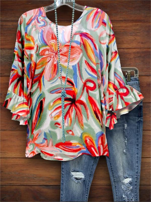 Abstract Nature Print Ruffle Sleeve Blouse