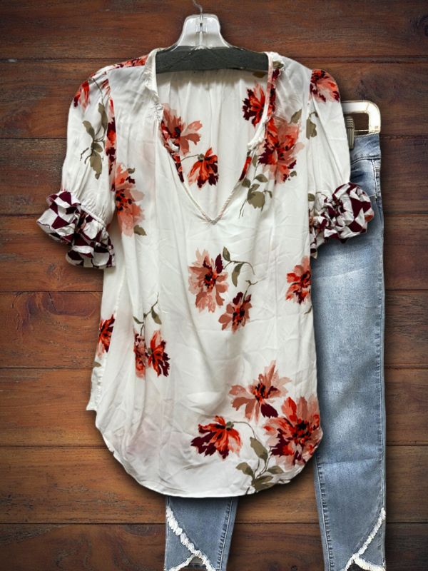 Mixed Floral Print Ruffle Sleeve Top