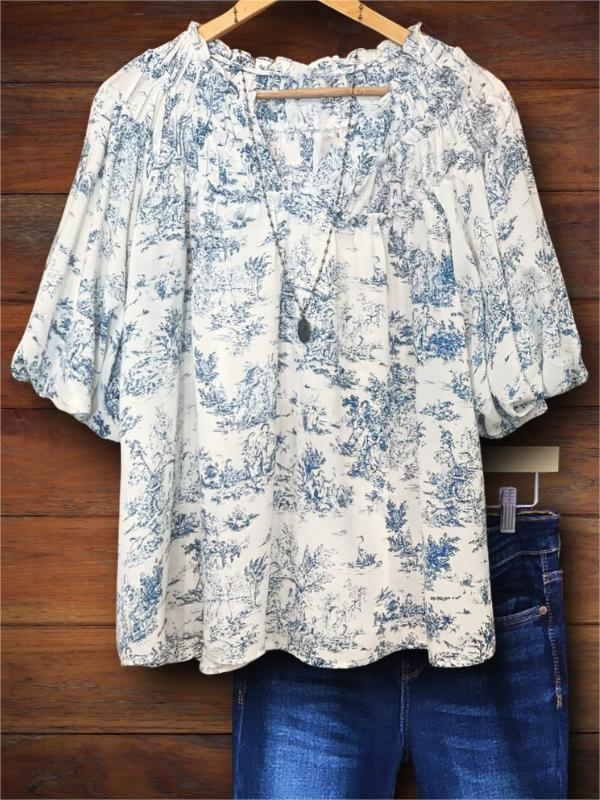 Women's Vintage Blue Floral Print Ruffle Sleeve Top main image 1
