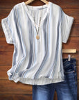 Draped Cotton And Linen Striped Blouse