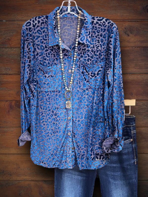 Women's blouse, Leopard Velvet Button Up Top