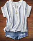 Draped Cotton And Linen Striped Blouse