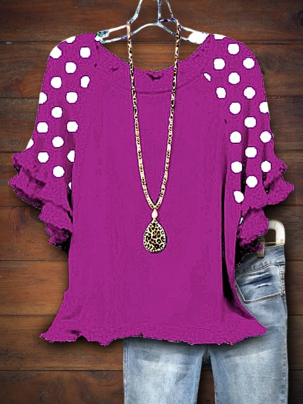 Women's t-shirt | Cute Dot Print Ruffle Sleeve Tee |Website