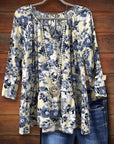Retro Blue Floral Print Casual Blouse