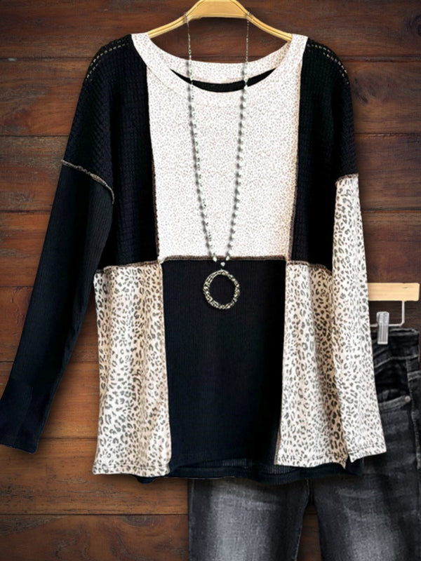 Leopard Print Waffle Patchwork Top