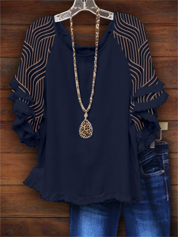 Rules Line Print Fringed Blouse
