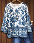 Bell Sleeve Blue & White Floral Border Blouse