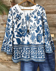 Bell Sleeve Blue & White Floral Border Blouse