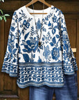 Bell Sleeve Blue & White Floral Border Blouse