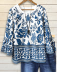 Bell Sleeve Blue & White Floral Border Blouse