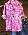 Collared Button-Front Pink Leopard Shirt
