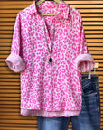 Collared Button-Front Pink Leopard Shirt