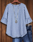 Blue Gingham Ruffle Sleeve Blouse