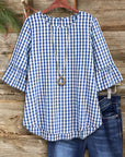Blue Gingham Ruffle Sleeve Blouse