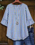 Blue Gingham Ruffle Sleeve Blouse