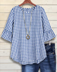 Blue Gingham Ruffle Sleeve Blouse
