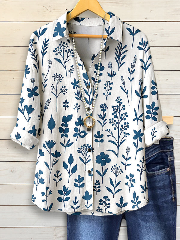 Navy Botanical Button-Up Collar Shirt