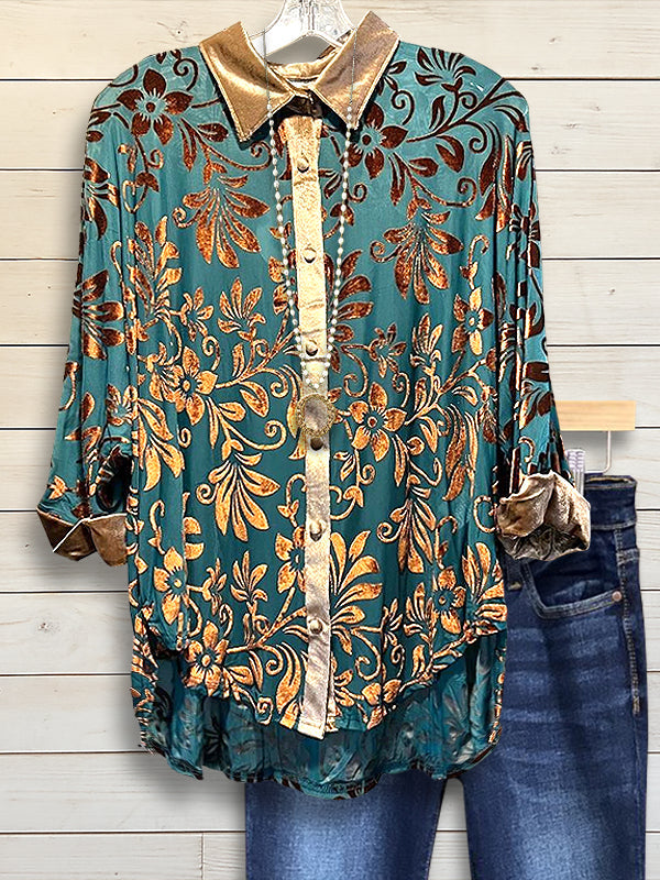Emerald Garden Velvet-Collar Shirt