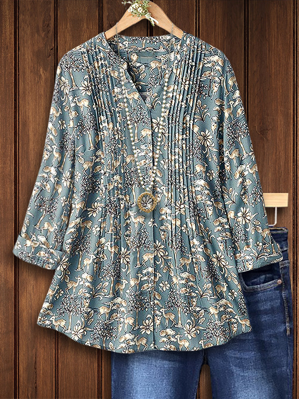 Forest Dream Pintuck V-Neck Blouse