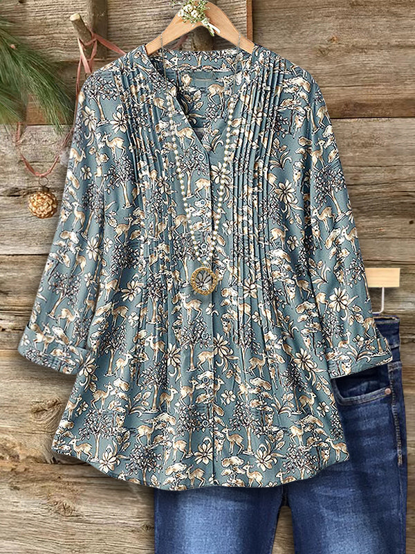 Forest Dream Pintuck V-Neck Blouse