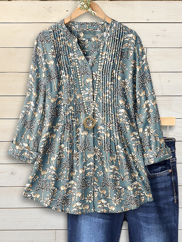 Forest Dream Pintuck V-Neck Blouse