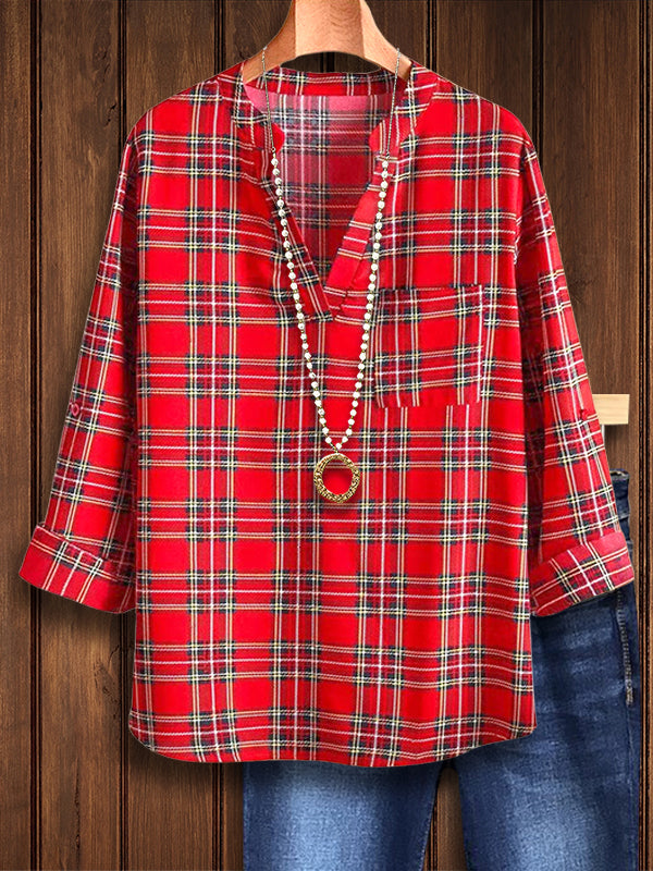 Holiday Cheer Red Plaid V-Neck Shirt