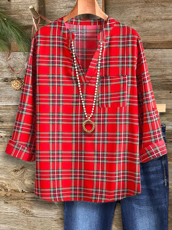 Holiday Cheer Red Plaid V-Neck Shirt