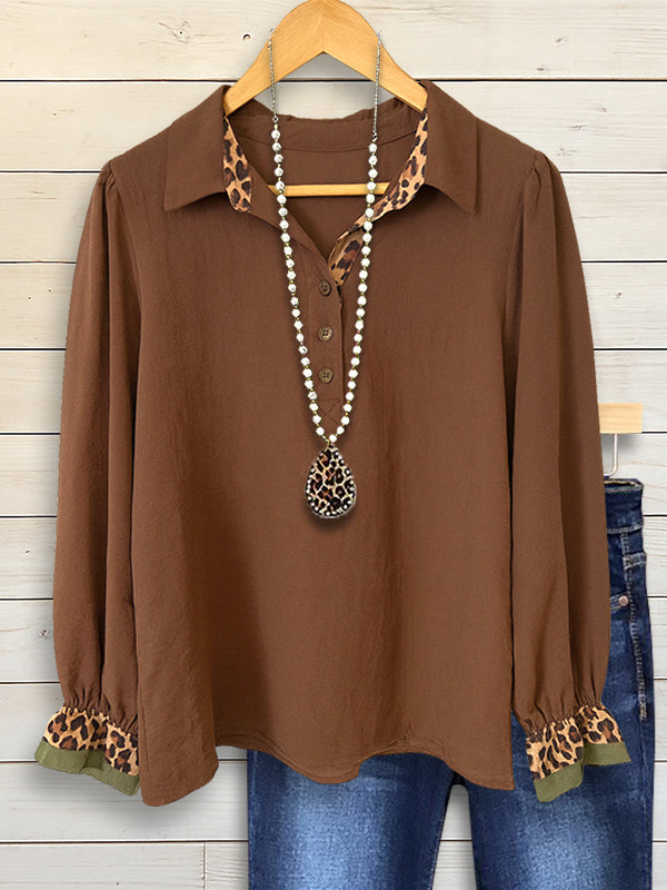 Coffee Chic Leopard Trim Blouse