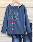 Blue Blossom Embroidered Boat-Neck Top