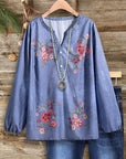 Denim Garden Embroidered V-Neck Blouse
