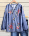 Denim Garden Embroidered V-Neck Blouse