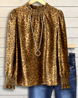 Golden Leopard Satin Puff-Sleeve Blouse