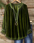 Olive Velvet Smocked V-Neck Blouse