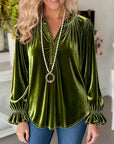 Olive Velvet Smocked V-Neck Blouse