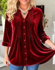 Red Velvet Pintuck V‑Neck Blouse