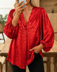 Red Satin Leopard Balloon‑Sleeve Top