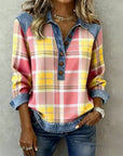 Sunset Plaid Denim‑Trim Henley Top