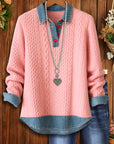 Pink Cable-Knit Denim-Trim Pullover