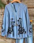 Sky Blue V-Neck Pintuck Embroidered Blouse