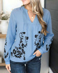 Sky Blue V-Neck Pintuck Embroidered Blouse