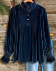 Midnight Navy Smocked-Cuff Pintuck Blouse