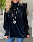 Midnight Navy Smocked-Cuff Pintuck Blouse