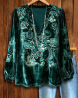Emerald Velvet Embroidered V-Neck Blouse