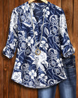 Navy Floral Split-Neck Roll-Tab Blouse