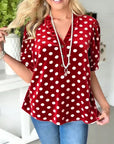 Red Polka Dot V-Neck Puff-Sleeve Top