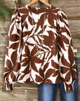 Brown Botanical Puff-Sleeve Blouse