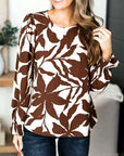 Brown Botanical Puff-Sleeve Blouse