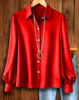 Scarlet Satin Button-Front Puff Sleeve Shirt